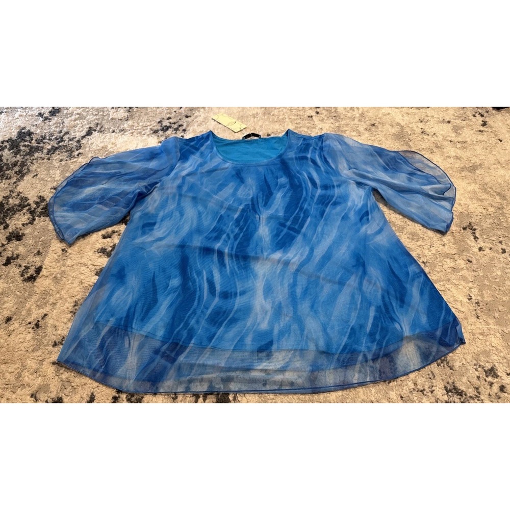 Sese Womens Plus Sz 2XL Blue Wave Pattern Sheer Overlay Short Sleeve
